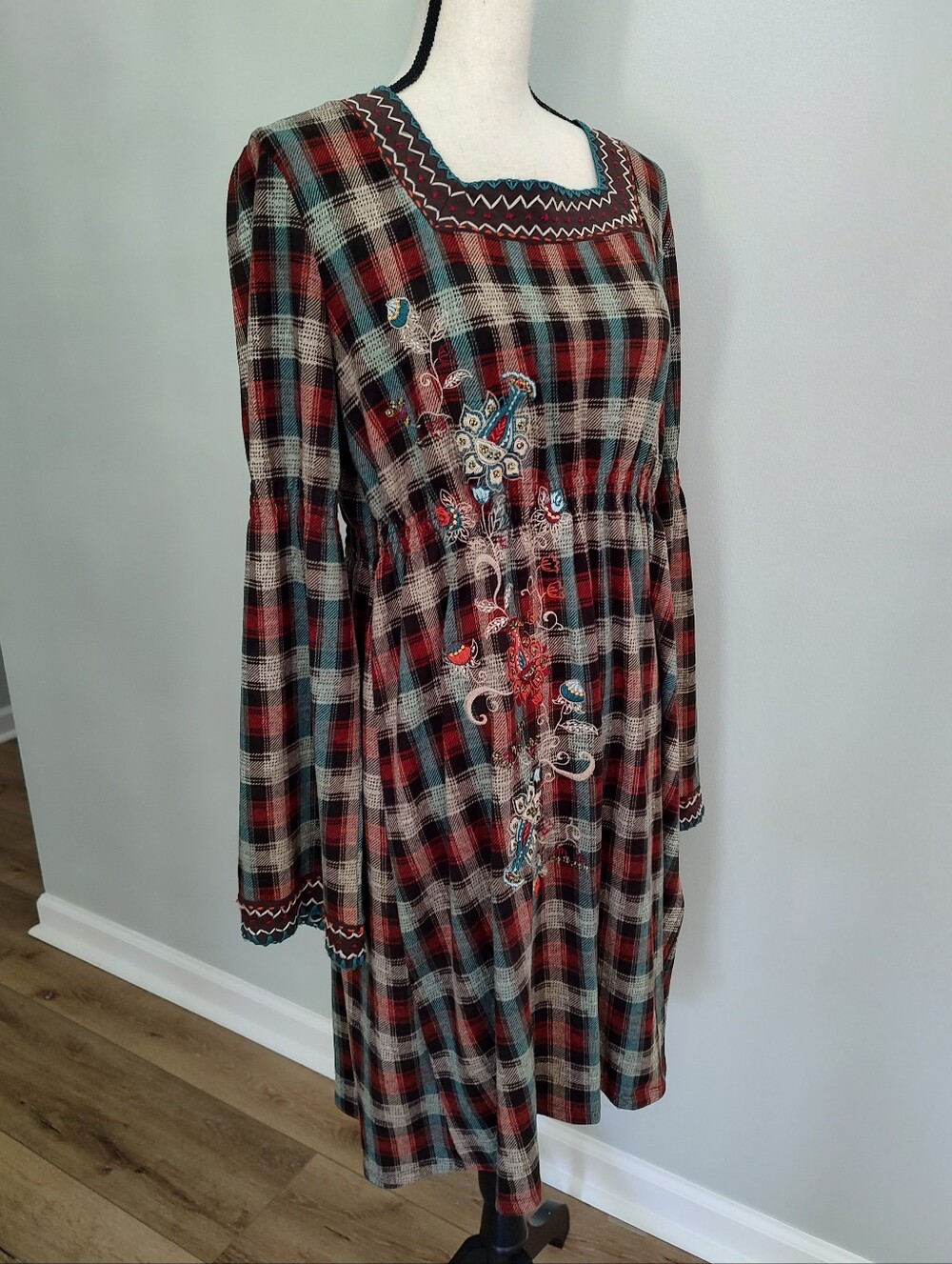 Double D Ranch Plaid Cinch Waist Embroidered Beaded Western Boho Dress Size L